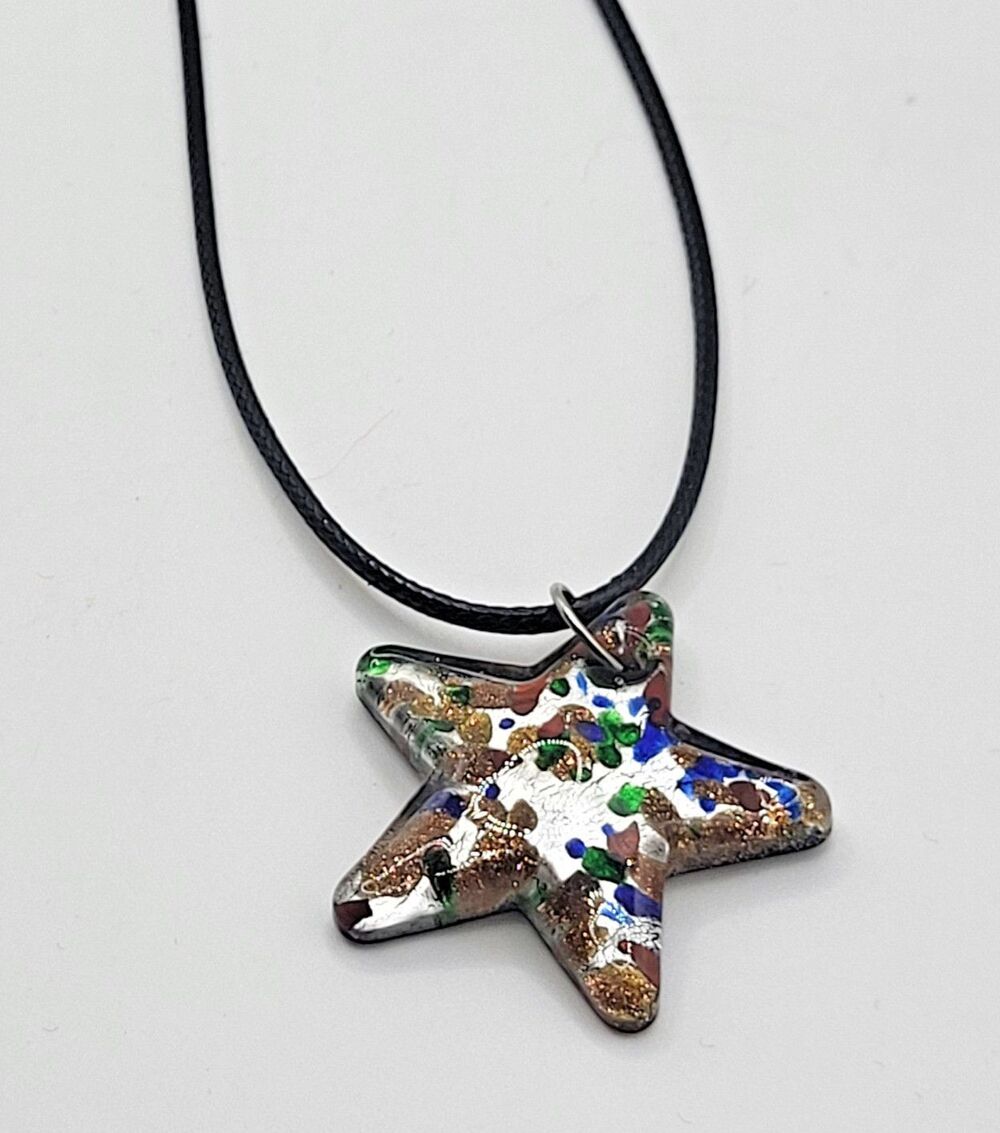 Estate Blown Glass Glitter Star Necklace 17in